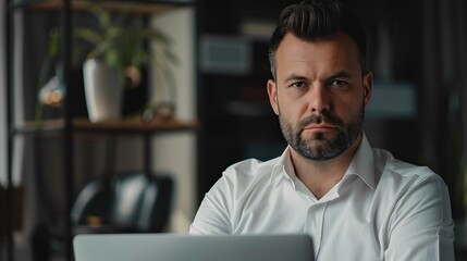 Fototapeta premium Smart handsome businessman in office with laptop looking at camera, copy space for text. high quality photo. copy space for text.