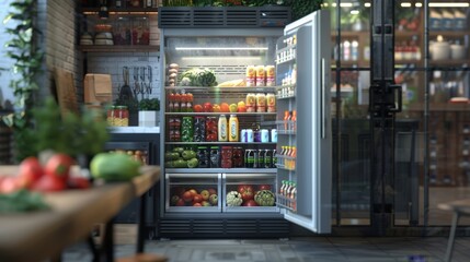Realistic indoor scene of a well-organized open refrigerator fully stocked with a variety of fresh produce, beverages, and condiments