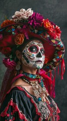 Woman adorned in vibrant Mexican costume full of floral details and intricate jewelry presents cultural heritage