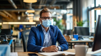 Businessman in a modern office wearing a protective face mask, concept of health safety, pandemic response, and professional adaptability