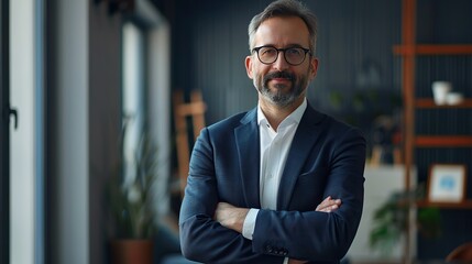 smart successful business person standing in office with crossed arms. copy space for text. high quality photo. copy space for text.