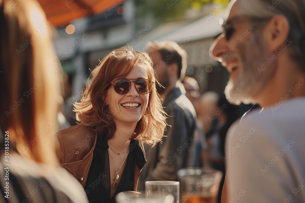 Wall mural outdoor portrait of beautiful young woman drinking beer and talking with friends