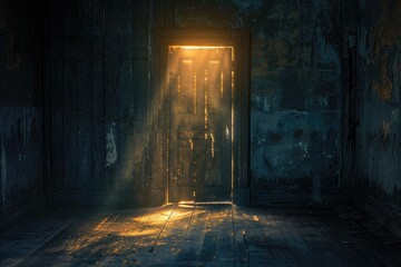 Unknown Light Shining Through an Ancient Wooden Door. Generative Ai