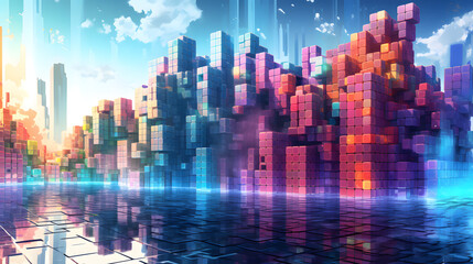 Obraz premium Digital colorful shiny blocks city abstract art design graphic poster web page PPT background