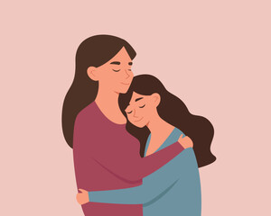 Mother is hugging her daughter. Happy Mother's day. Parent support. Mother and daughter. Vector illustration.