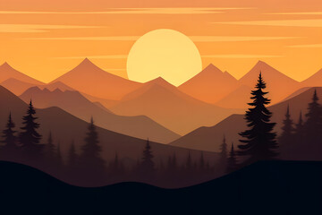 Dawn Over the Horizon, Pine Trees Silhouette, Realistic Mountains Landscape. Vector Background