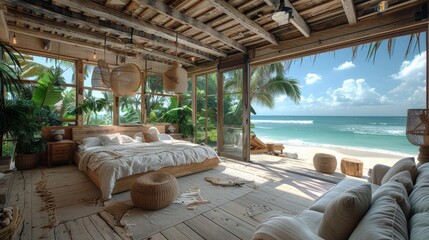 A cozy, well-decorated bedroom in a tropical hut with stunning views of the white sandy beach and crystal clear water