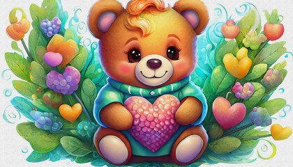 Fototapeta premium oil painting style CARTOON CHARACTER CUTE baby teddy bear holding a heart shape isolated on white background, 