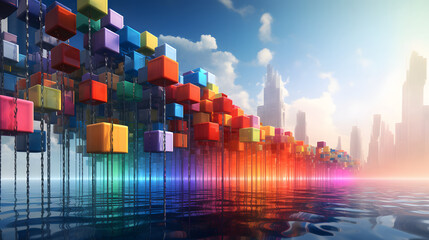 Digital colorful shiny blocks city abstract art design graphic poster web page PPT background