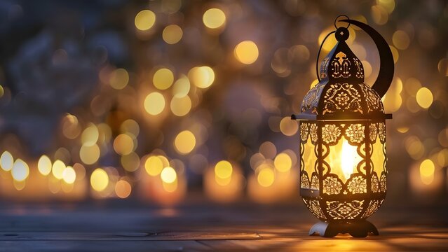 Elegant lantern with crescent moon for Ramadan celebrations customizable with event details . Concept Ramadan Lantern, Crescent Moon, Customizable Details, Elegant Design, Event Celebration