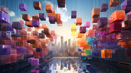 Digital colorful shiny blocks city abstract art design graphic poster web page PPT background
