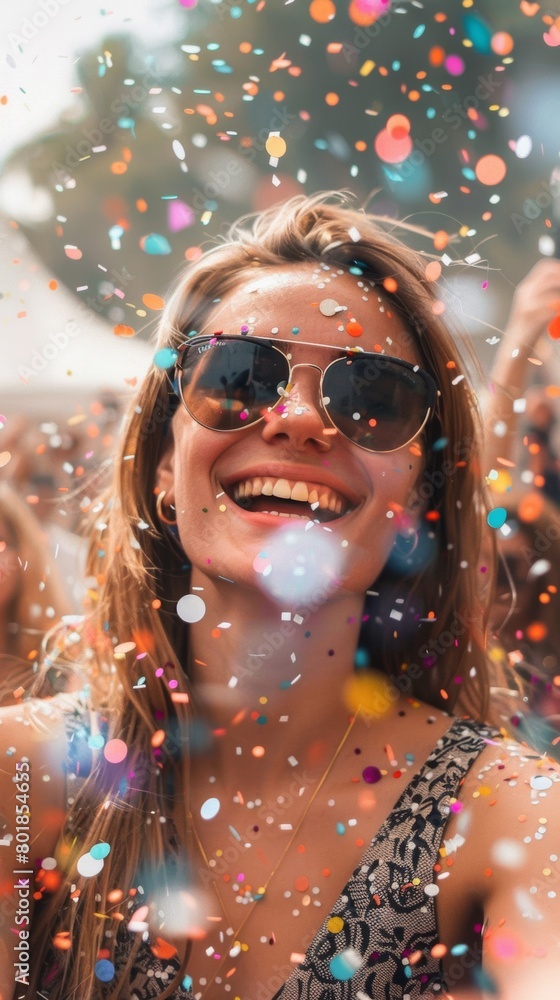 Poster a woman in sunglasses is surrounded by confetti