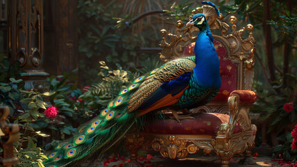 Obraz premium Majestic Peacock on a Royal Throne in Lush Garden