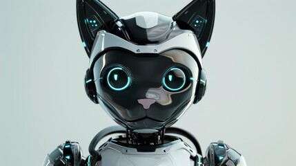 A robot cat with glowing eyes and ears