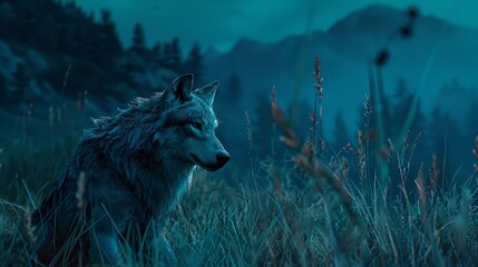 Naklejka premium A lone wolf sitting in a field of tall grass