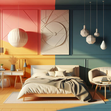   bedroom interior in  rainbow colors 