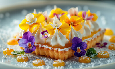 A vibrant dessert plate featuring a lemon tart topped with meringue and edible flowers. Generate AI