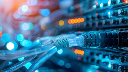 Fiber optic cables connect to optic ports in data center for data transmission . Concept Data Centers, Fiber Optic Cables, Optic Ports, Data Transmission