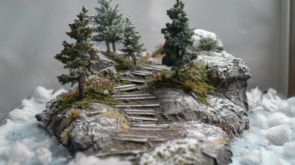 A miniature model of a snow covered mountain with steps and trees