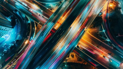 Aerial view captures the bustling motorway highway traffic with mesmerizing light trails from cars, showcasing urban mobility and transportation dynamics at night