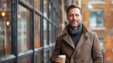 Mature man in a stylish coat holding coffee and smiling, outdoors in a city setting, concept of urban lifestyle, relaxed demeanor, and coffee culture