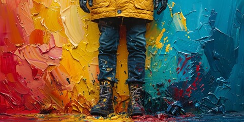Fototapeta premium Offbeat painter's smock palette explosion, artfully splattered with rainbow blotches of acrylic 