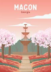 cherry blossom trees in macon vintage travel illustration design, water fountain outdoor in macon georgia