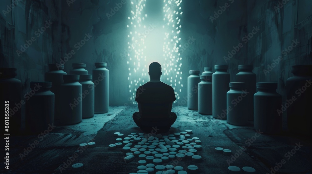Poster a person sitting alone in a dark room surrounded by empty pill bottles portraying the potential nega