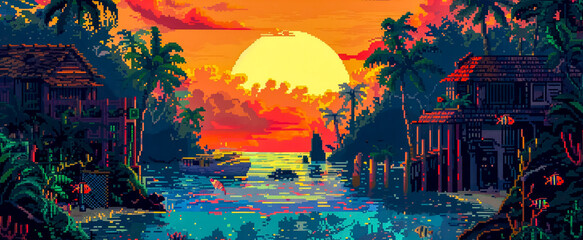 Obraz premium Pixel art coral maze with lurking assassin, tropical fish palette, sunset