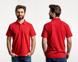 Front and back views of a man wearing a red polo shirt mockup template