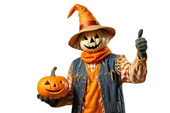 Get festive with a quirky scarecrow featuring a pumpkin head giving a thumbs up, isolated on a transparent background for Halloween designs.