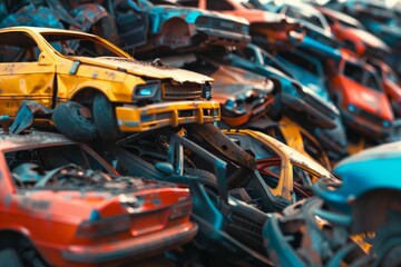 Fototapeta premium ..Junkyard pile towers with rusting abandoned cars, eerie and chaotic