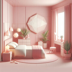 minimalist bedroom interior in pink colors