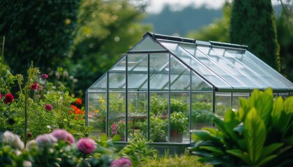 Greenhouse in the garden. Glass small compact greenhouse for growing flowers, vegetables, seedlings