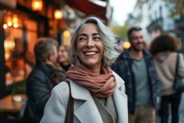 Portrait of smiling woman with friends in the background in Paris, France