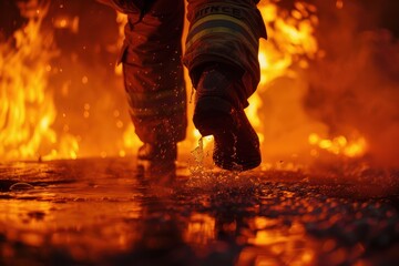 A fireman goes to put out a fire Focus on boots. Dramatic light
