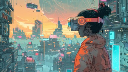 "A girl looking into the future" in cartoon style.