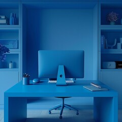 A blue computer desk with a computer monitor and a keyboard