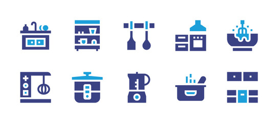 Kitchen icon set. Duotone color. Vector illustration. Containing kitchen, kitchen cabinet, pot, kitchen utensils, multicooker, stand, kitchen sink, beater, mixer blender, mixing.