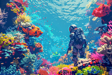 Coral reef in pixel art assassin with high-tech gear