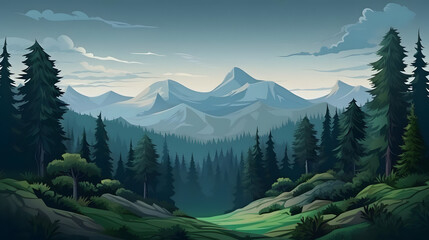 Mountain Majesty, Pine Forest Vista, Realistic Mountains Landscape. Vector Background