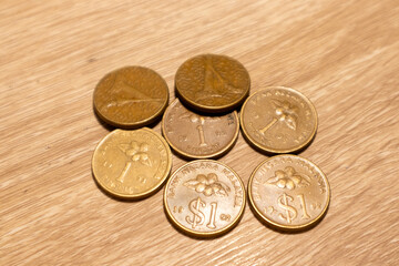 Malaysian ringgit coins on a wooden background