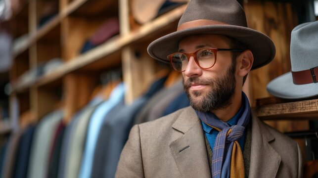 Stylish man contemplating hat choices in a hat shop, dressed in a fashionable tweed jacket and glasses, Concept of fashion and personal style