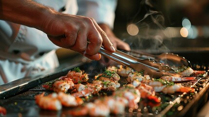 A close-up of a chefs hands at a gourmet BBQ