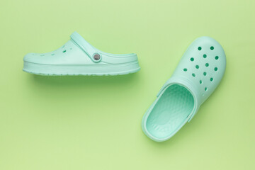 Green women's flip-flops on a green background.