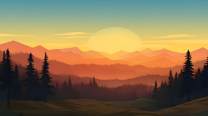 Sunrise Spectacle, Pine Forest Panorama, Realistic Mountains Landscape. Vector Background