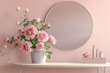 Realistic 3D render for Kbeauty products display backdrop, blank empty space on ivory beige elegance dressing table with round mirror, beautiful pink roses in luxury bucket bouquet, Jewelry box