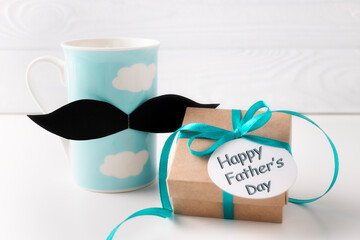 Father's day concept card,gift box  and beverage.  Greeting template with message.Objects.
