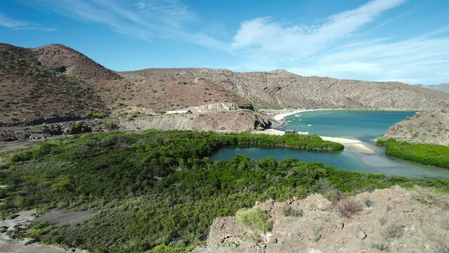 A Scenic Vista of Playa Santispac in Bahia Concepcion, Baja California Sur, Mexico - Aerial Drone Shot