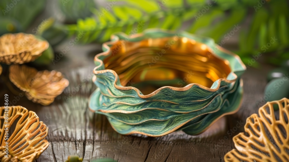 Poster a handcrafted clay bangle molded and sculpted into a unique and eyecatching design..